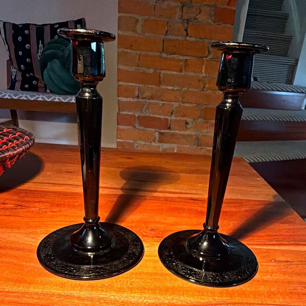 Vintage Set of 2 Black Glass Floral Textured Taper Candle Holders Glossy 9" Tall